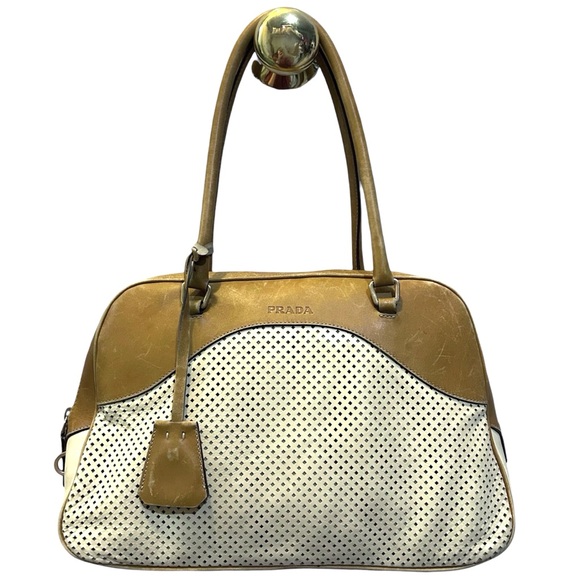 Prada Handbags - Prada Vitello Drive Bowling Bag Perforated Cream Tan Leather Bag